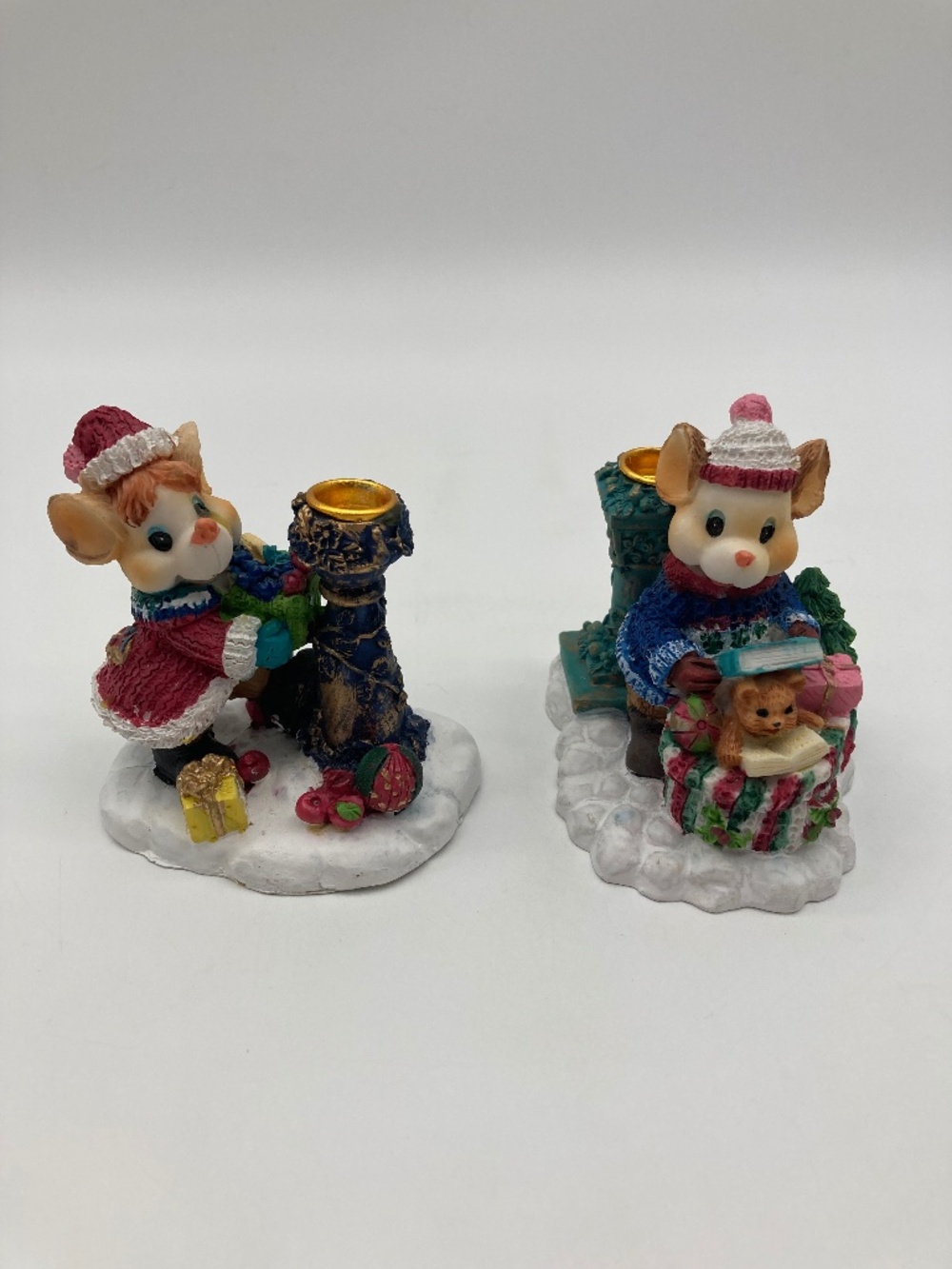 Vintage Christmas Mice Taper Candle Holders Pair Resin Winter Mouse